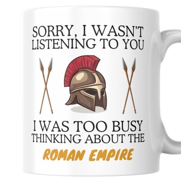 Roman empire mug with iron helmet and spears design