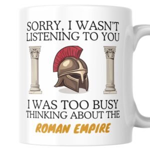 Roman empire mug with iron helmet and columns design