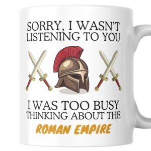 Roman empire mug with iron helmet and swords design