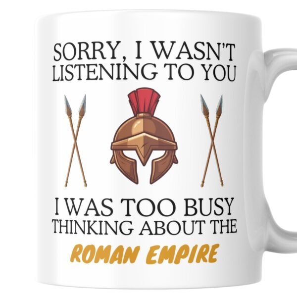 Roman empire mug with bronze forward helmet and spears design