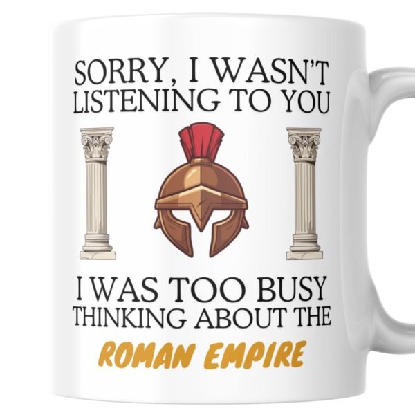 Roman empire mug with bronze forward helmet and columns design