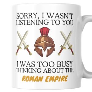 Roman empire mug with bronze forward helmet and swords design