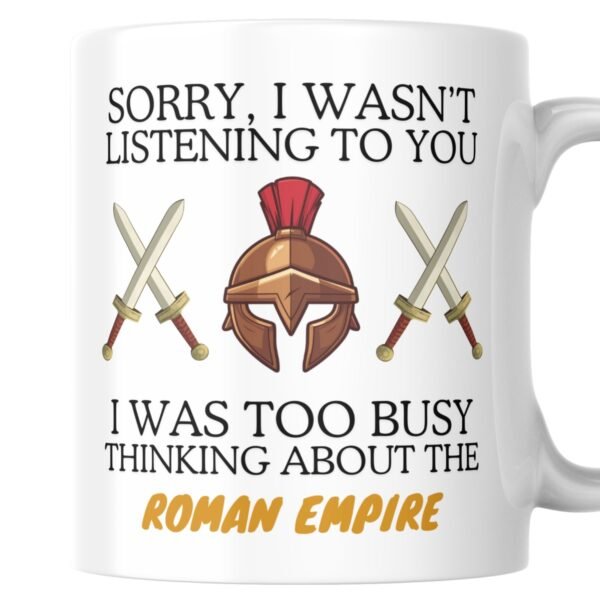 Roman empire mug with bronze forward helmet and swords design