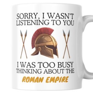 Roman empire mug with bronze helmet and spears design