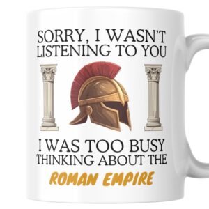 Roman empire mug with bronze helmet and columns design