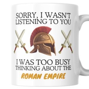 Roman empire mug with bronze helmet and swords design