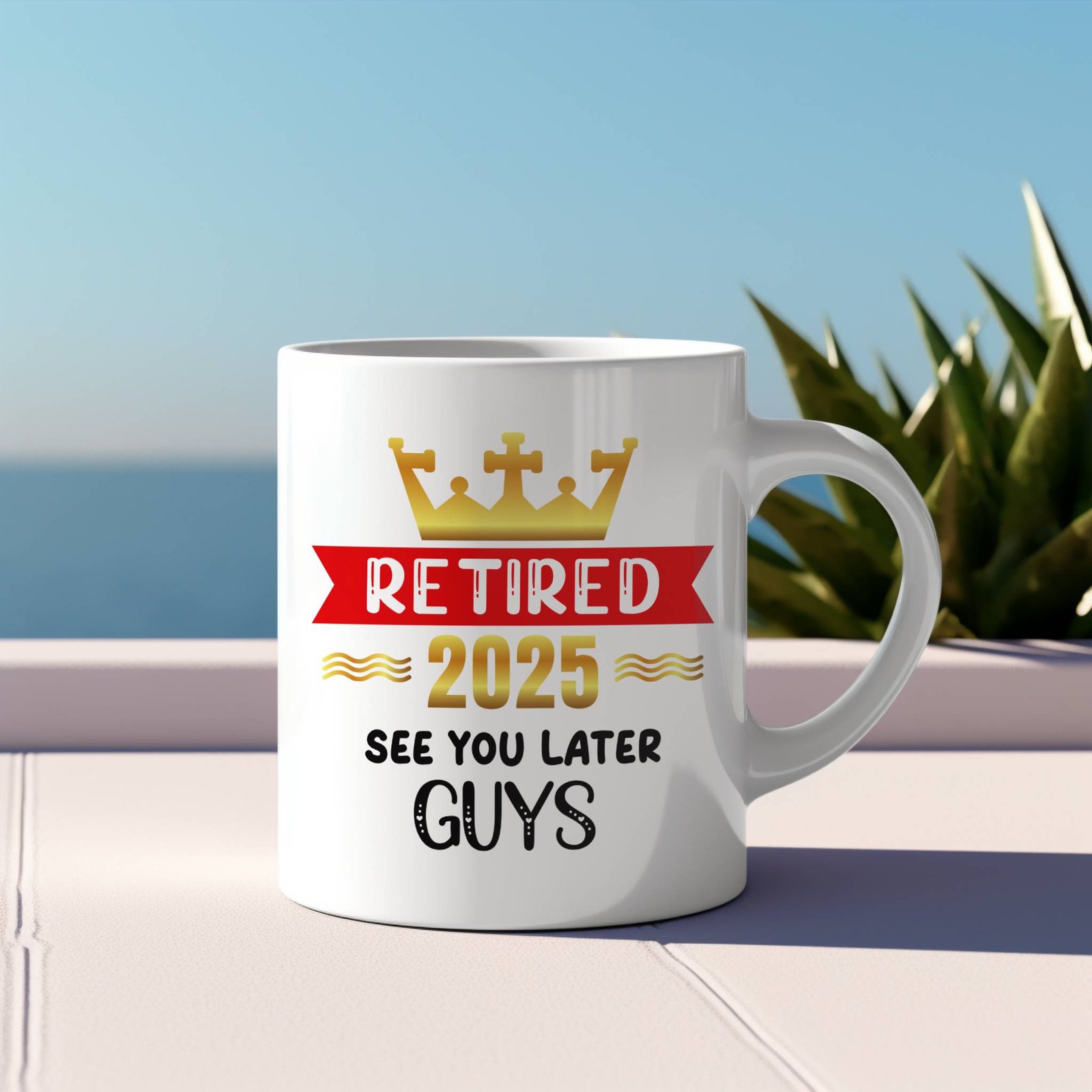 retired 2025 retirement mug gift near the sea