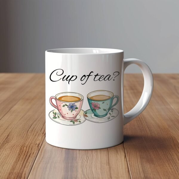 cup of tea mug on wooden surface with grey background