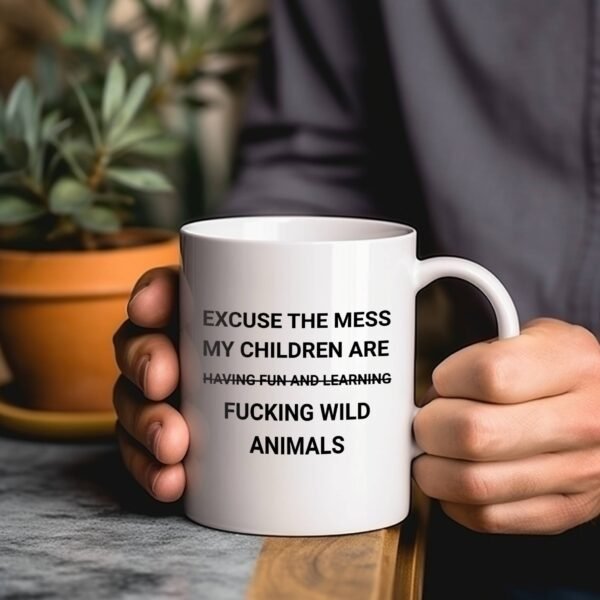 funny parenting mug held in two hands by man with plants
