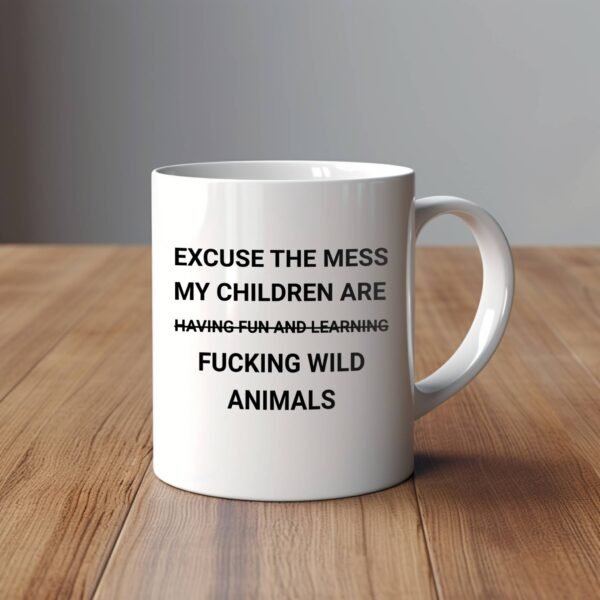 funny parenting mug on wooden surface with grey background