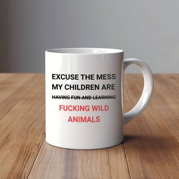funny parenting mug on wooden surface with grey background