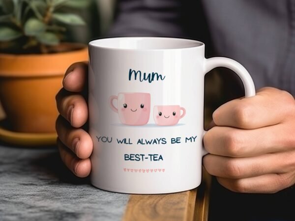 gift for mum mug held in two hands by man with plants