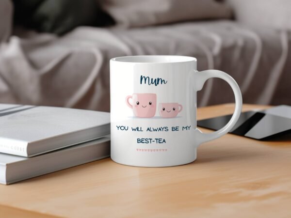 gift for mum mug on wooden table with couch in background