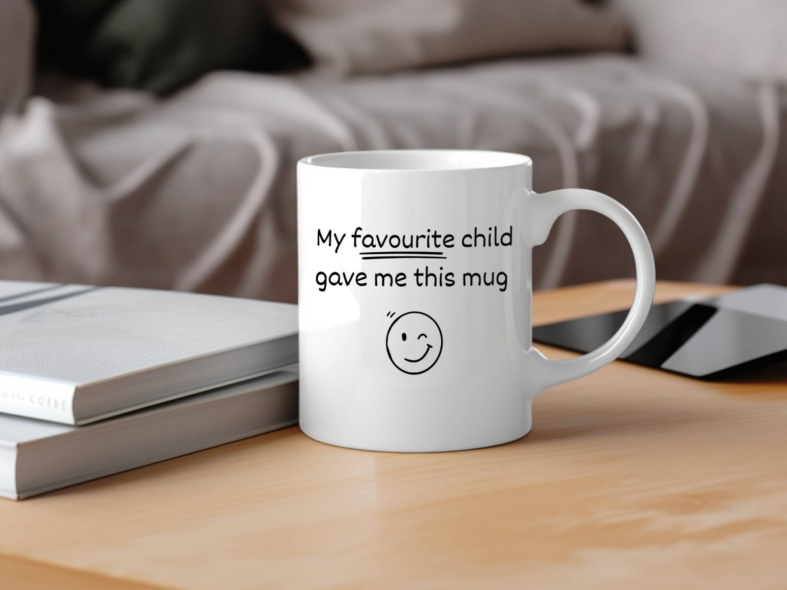 gift for parent mug on wooden table with couch in background